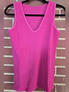 WoolX Vivi Ribbed Merino Wool Tank Top Medium Pink Fuchsia V-Neck NWT